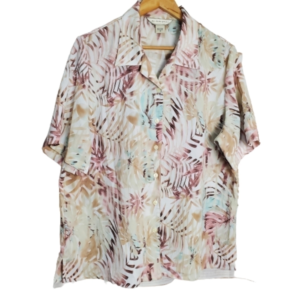 Vintage 90s Allison Daley Beige Pastel Palm Leaves Beach Button Down Blouse 16